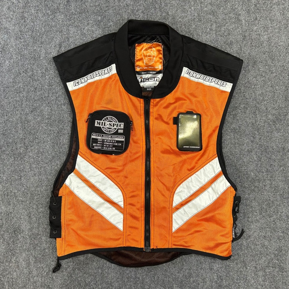 Icon Mil-Spec Mesh Motorcycle Safety Vest Orange Black Reflective Regular Size